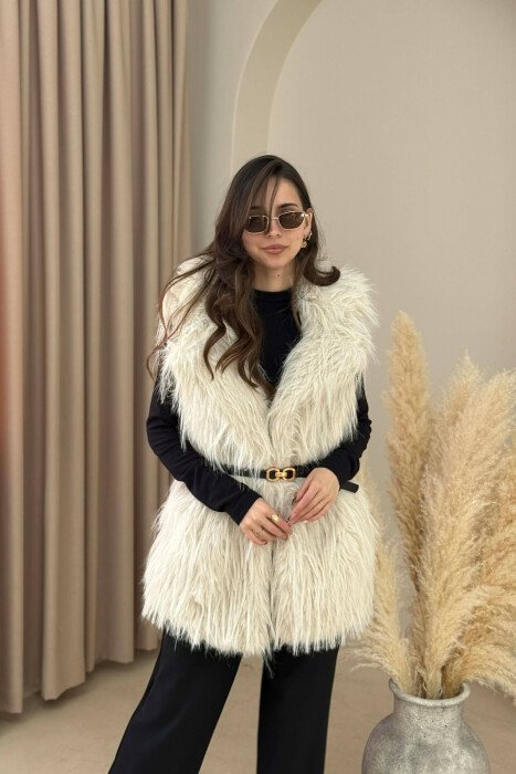 FAUX FUR BELT DETAIL WOMEN VEST WHITE-E BARDHE - KLAUDIO FASHION