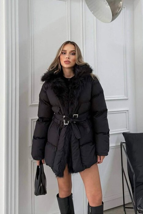 FAUX FUR DETAIL LACING WOMEN PUFFER JACKET BLACK/ E ZEZE 
