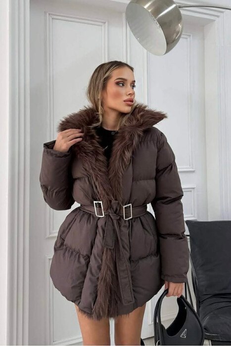 FAUX FUR DETAIL LACING WOMEN PUFFER JACKET BROWN/KAFE 