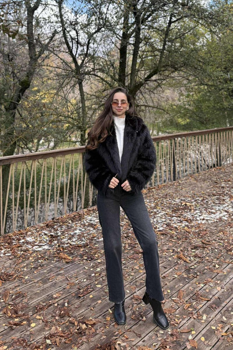 FAUX FUR HOODED WOMEN COAT BLACK/ E ZEZE - 1