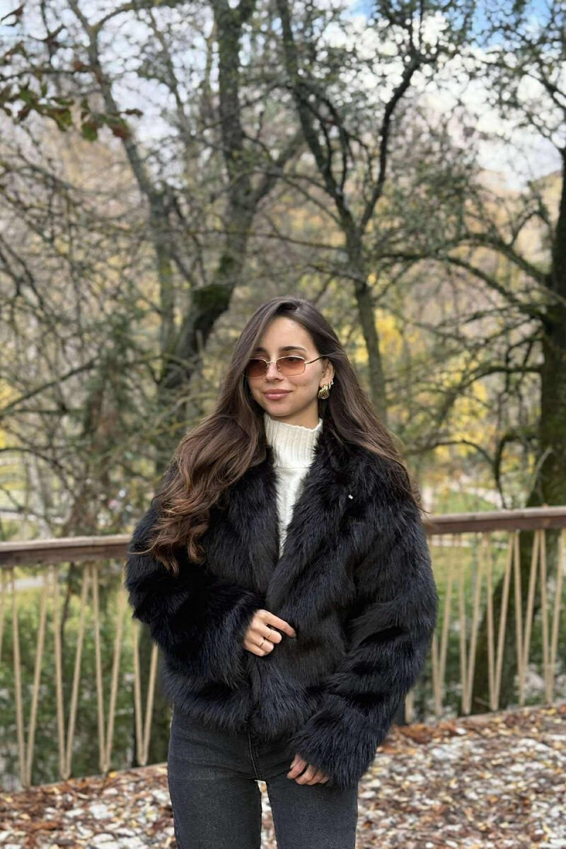 FAUX FUR HOODED WOMEN COAT BLACK/ E ZEZE - 2
