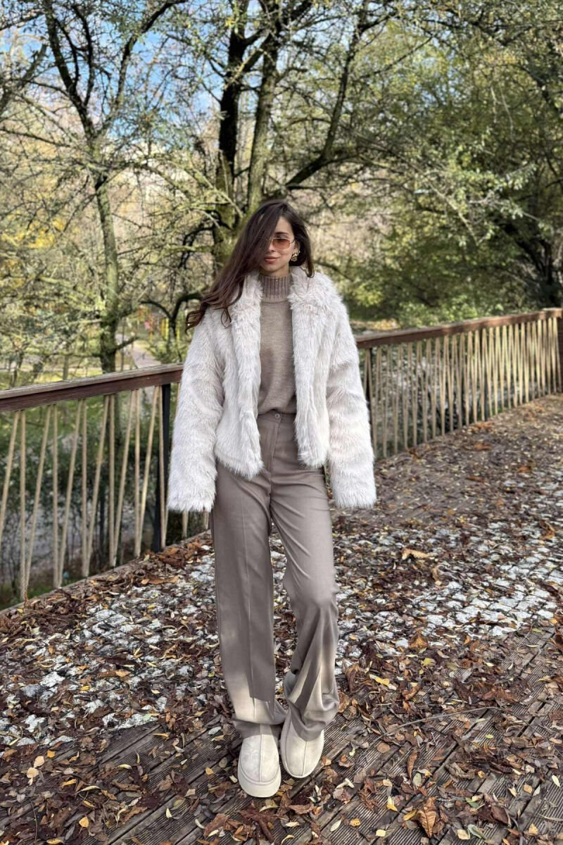 FAUX FUR HOODED WOMEN COAT CREAM/KREM - 1