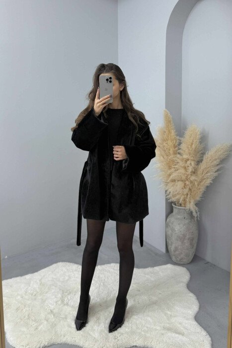 FAUX FUR LACING ONE COLOR WOMEN COAT BLACK/ E ZEZE 