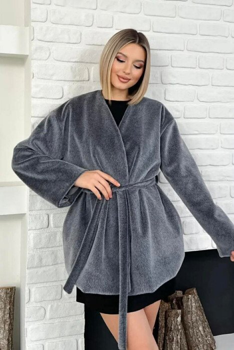 FAUX FUR LACING ONE COLOR WOMEN COAT GREY/GRI - 1