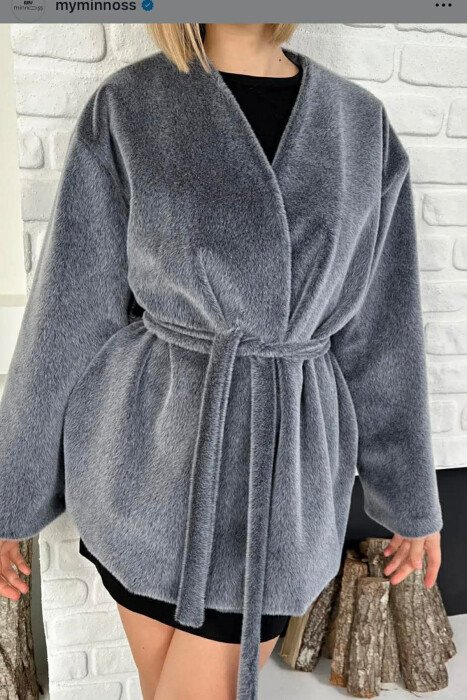 FAUX FUR LACING ONE COLOR WOMEN COAT GREY/GRI - 2