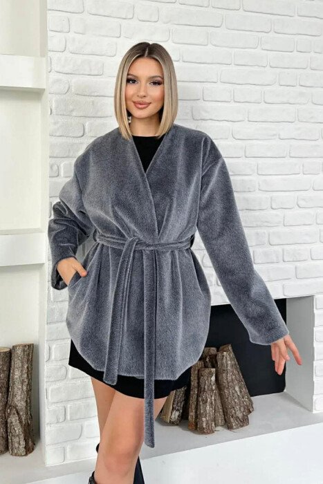 FAUX FUR LACING ONE COLOR WOMEN COAT GREY/GRI - 3