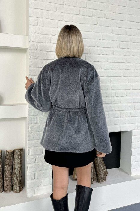 FAUX FUR LACING ONE COLOR WOMEN COAT GREY/GRI - 6