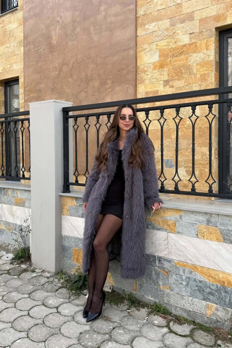 FAUX FUR LONG WOMAN COAT DARK GREY/GEE - 2