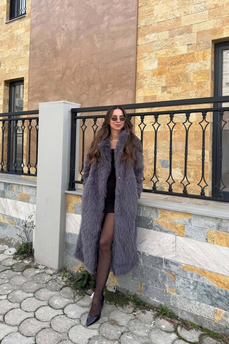 FAUX FUR LONG WOMAN COAT DARK GREY/GEE - 4