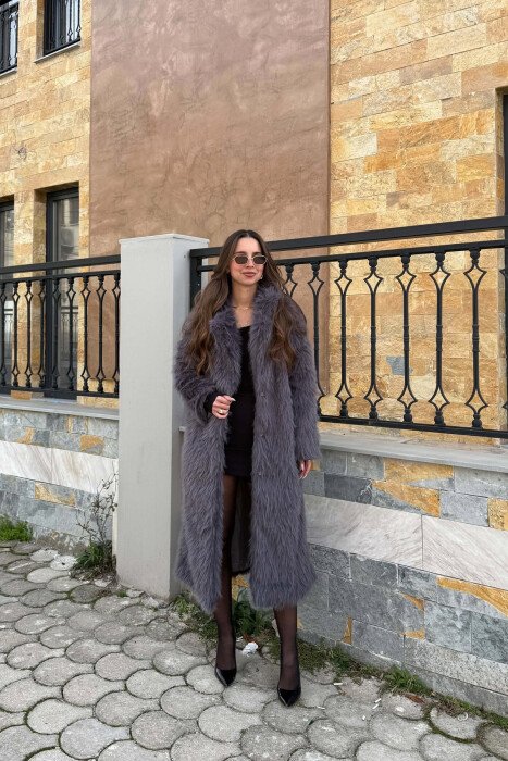 FAUX FUR LONG WOMAN COAT DARK GREY/GEE - KLAUDIO FASHION