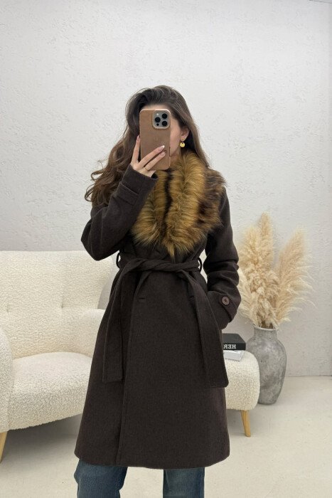 FAUX FUR NECK DETAIL WOMEN COAT BROWN/KAFE - 1