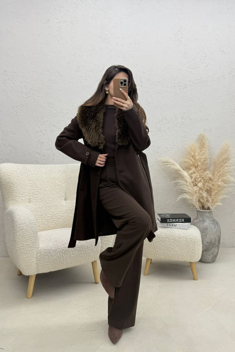 FAUX FUR NECK DETAIL WOMEN COAT DARK BROWN/KAE - 3