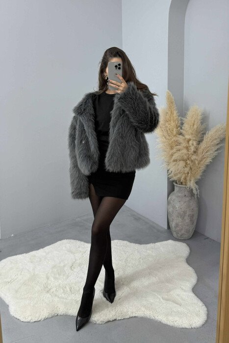 FAUX FUR ONE COLOR WOMEN JACKET DARK GREY/GEE - KLAUDIO FASHION
