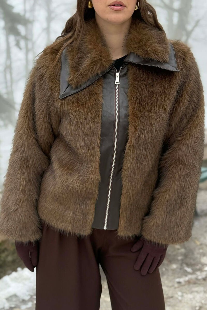 FAUX FUR ZIPPER WOMEN COAT BROWN/KAFE - 3