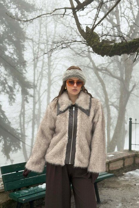 FAUX FUR ZIPPER WOMEN COAT CREAM-BROWN/KRKA - KLAUDIO FASHION