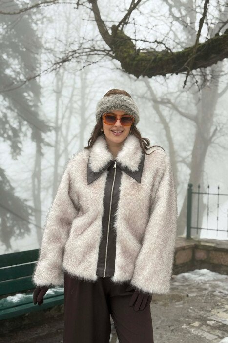 FAUX FUR ZIPPER WOMEN COAT CREAM/KREM - KLAUDIO FASHION
