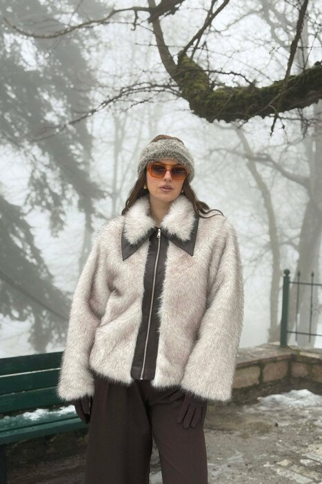 FAUX FUR ZIPPER WOMEN COAT CREAM/KREM - 5