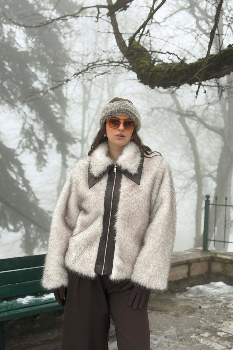 FAUX FUR ZIPPER WOMEN COAT CREAM/KREM - 5