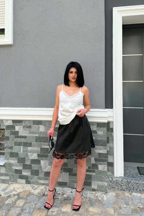 FAUX LEATHER TRIMMED WOMEN SKIRT BLACK/ E ZEZE - 1