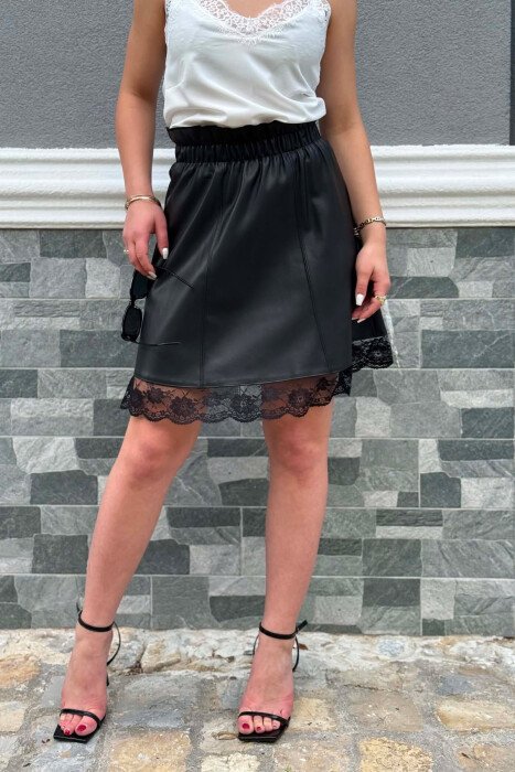 FAUX LEATHER TRIMMED WOMEN SKIRT BLACK/ E ZEZE - 2