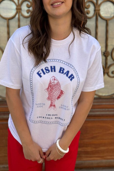 FISH IMAGE WRITTINGS WOMEN T-SHIRT WHITE-E BARDHE - 8
