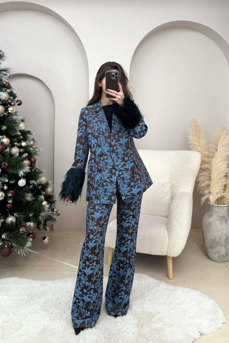 FLORAL DESIGN JACKET+ TROUSERS WOMEN SET BLUE/BLU - KLAUDIO FASHION