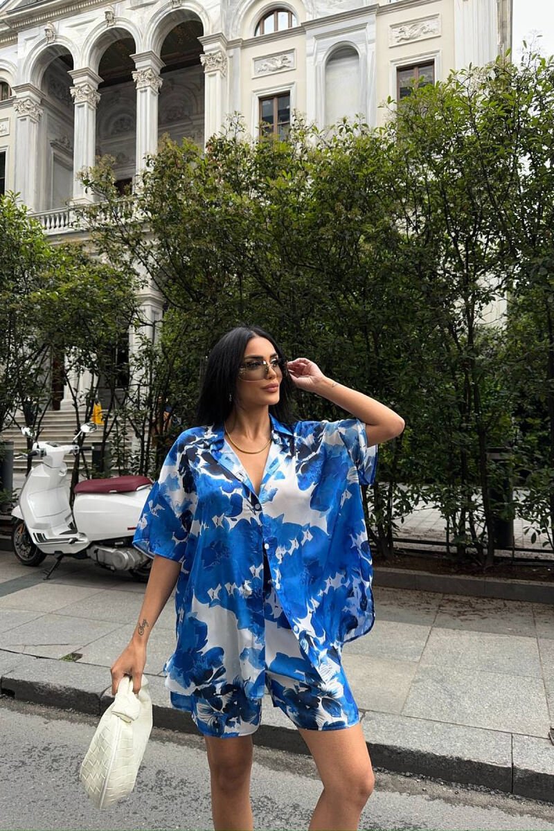 FLORAL DESIGN SHIRT+SHORTS WOMEN SET BLUE/BLU - 1