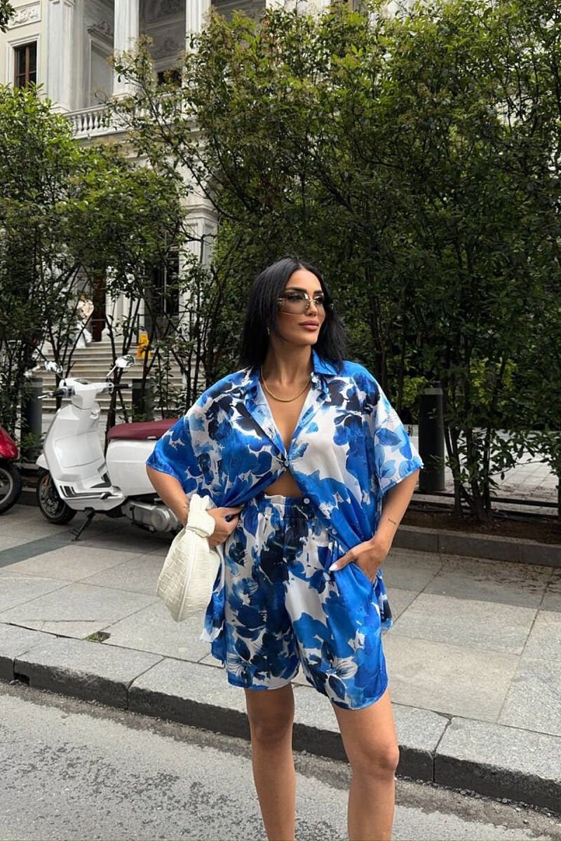 FLORAL DESIGN SHIRT+SHORTS WOMEN SET BLUE/BLU - 6