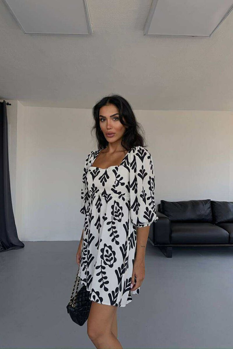FLORAL DESIGN SHORT WOMEN DRESS BLACK-CREAM/ZEKR - 2