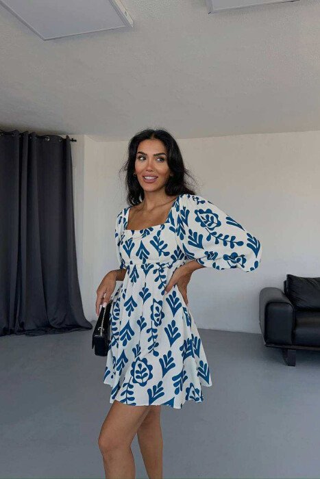FLORAL DESIGN SHORT WOMEN DRESS BLUE/BLU - 2