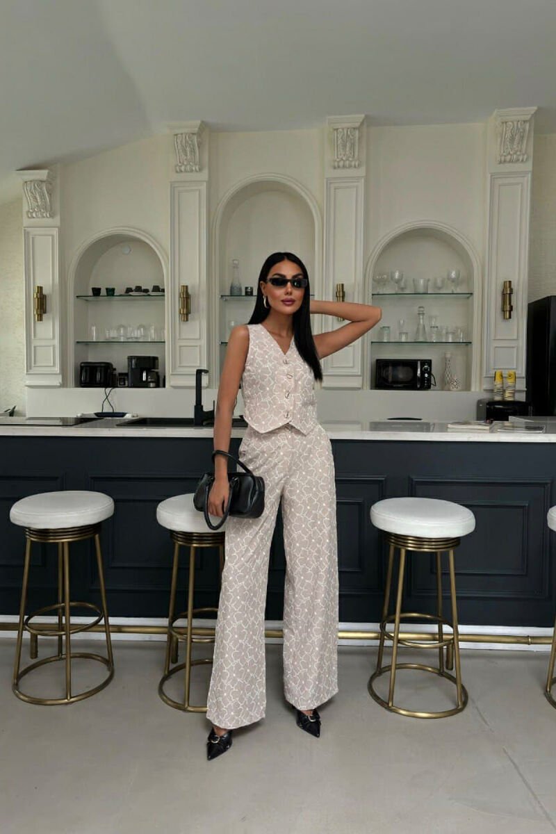 FLORAL DESIGN VEST+TROUSERS WOMEN SET BEIGE/BEZHE - 1