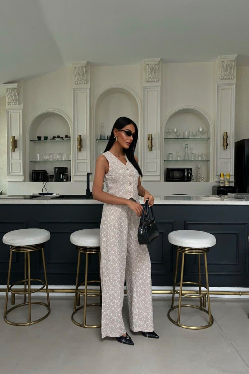 FLORAL DESIGN VEST+TROUSERS WOMEN SET BEIGE/BEZHE - 6