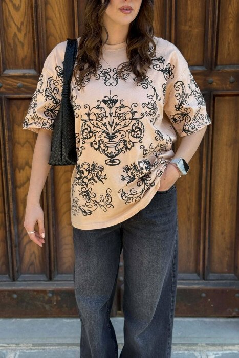FLORAL DESIGN WOMEN T-SHIRT + 6 PAIR SOCKS BEIGE/BEZHE - 2