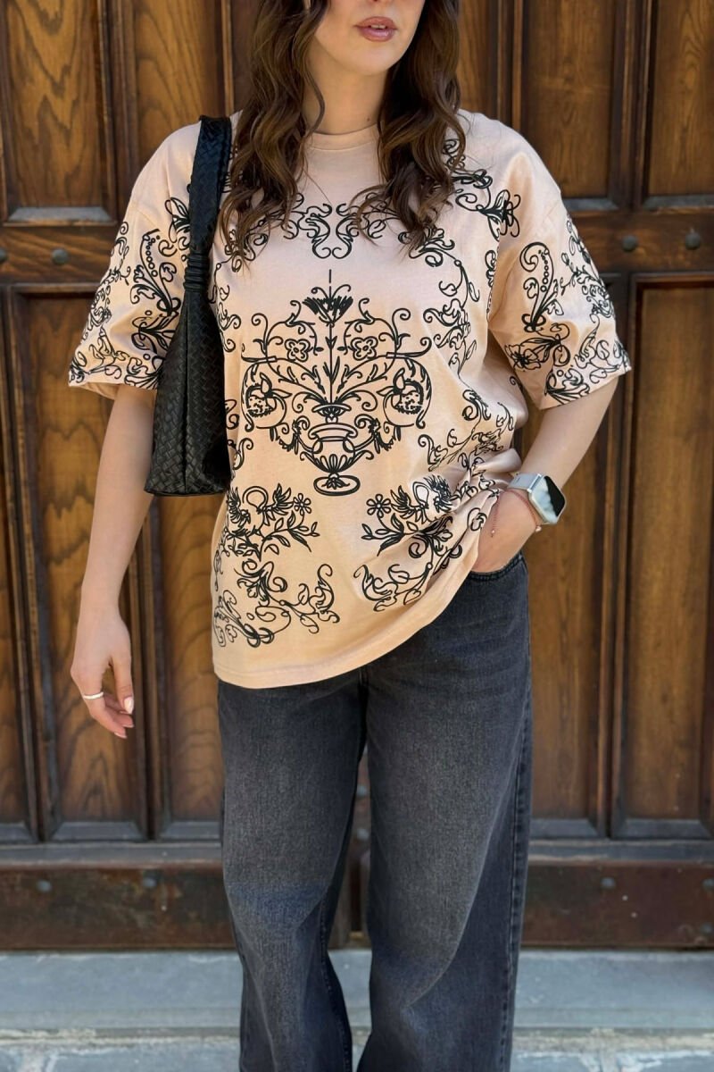 FLORAL DESIGN WOMEN T-SHIRT + 6 PAIR SOCKS BEIGE/BEZHE - 2