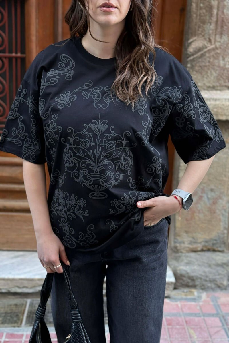 FLORAL DESIGN WOMEN T-SHIRT + 6 PAIR SOCKS BLACK/ E ZEZE - 3