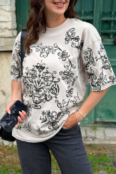 FLORAL DESIGN WOMEN T-SHIRT + 6 PAIR SOCKS GREY/GRI - 4