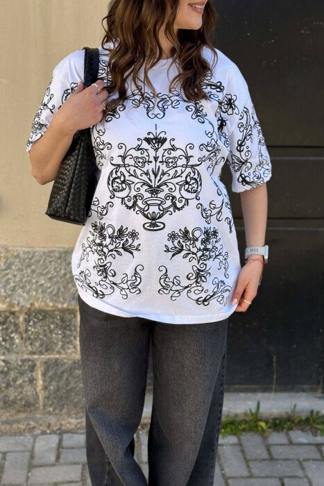 FLORAL DESIGN WOMEN T-SHIRT + 6 PAIR SOCKS WHITE-E BARDHE - 2