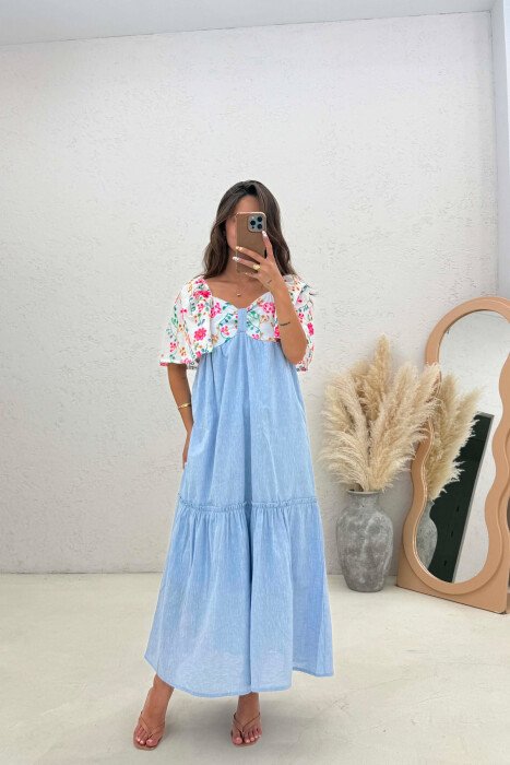 FLORAL DETAILS SHORT SLEEVE WOMAN DRESS LIGHTBLUE/BZ 