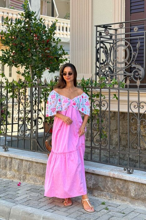 FLORAL DETAILS SHORT SLEEVE WOMAN DRESS PINK/ROZE 