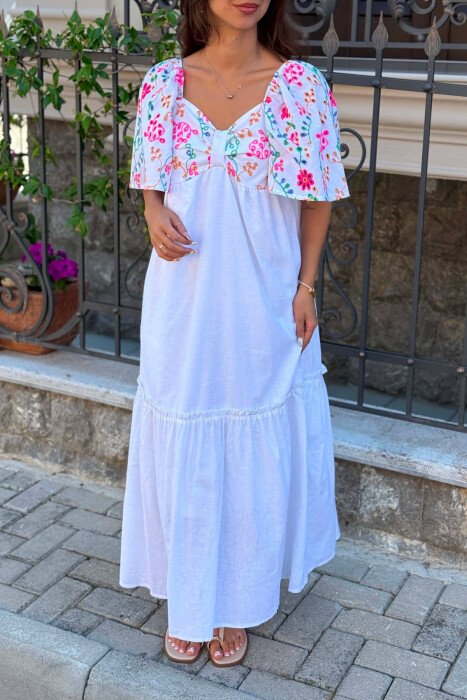 FLORAL DETAILS SHORT SLEEVE WOMAN DRESS WHITE-E BARDHE - 3