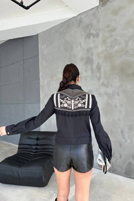 FLORAL EMBROIDERY BACK DESIGN SIMPLE WOMEN JACKET BLACK/ E ZEZE - 7