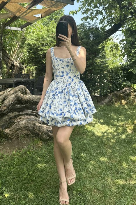 FLORAL PRINT SHORT WOMEN DRESS BLUE-WHITE/BLBA - 1