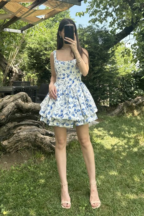 FLORAL PRINT SHORT WOMEN DRESS BLUE-WHITE/BLBA - 2