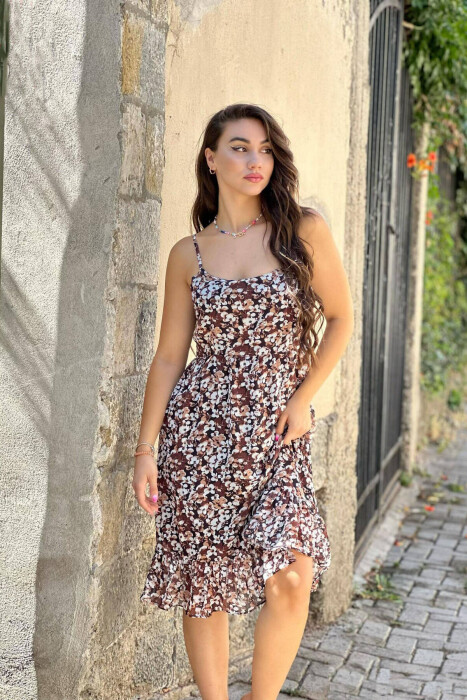 FLOWERS SHORT DRESS BROWN/KAFE - KLAUDIO FASHION