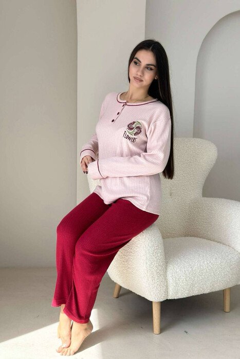 FLOWER BUTTONS NECK WOMAN PYJAMAS BABY PINK/ROZB - KLAUDIO FASHION