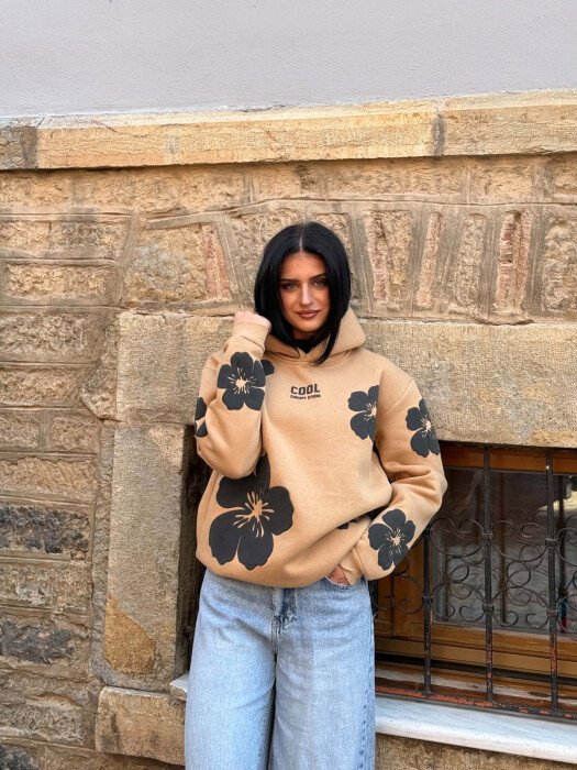FLOWER DESIGN FLUFFY WOMAN HOODIE BEIGE/BEZHE - 