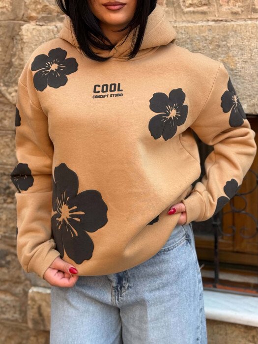 FLOWER DESIGN FLUFFY WOMAN HOODIE BEIGE/BEZHE - 2