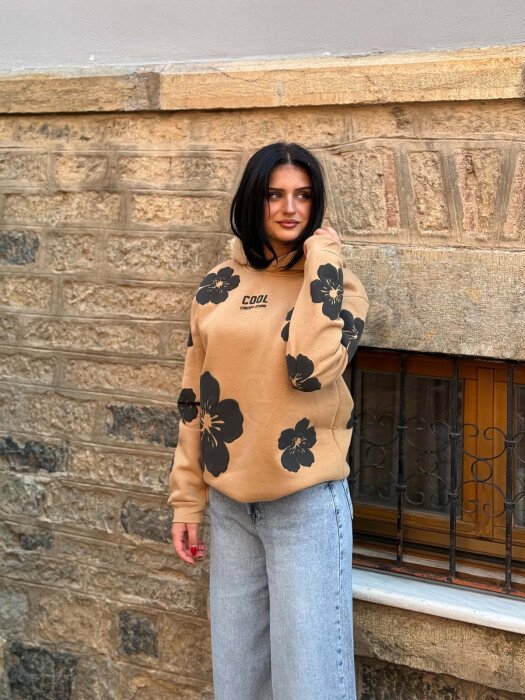 FLOWER DESIGN FLUFFY WOMAN HOODIE BEIGE/BEZHE - 3