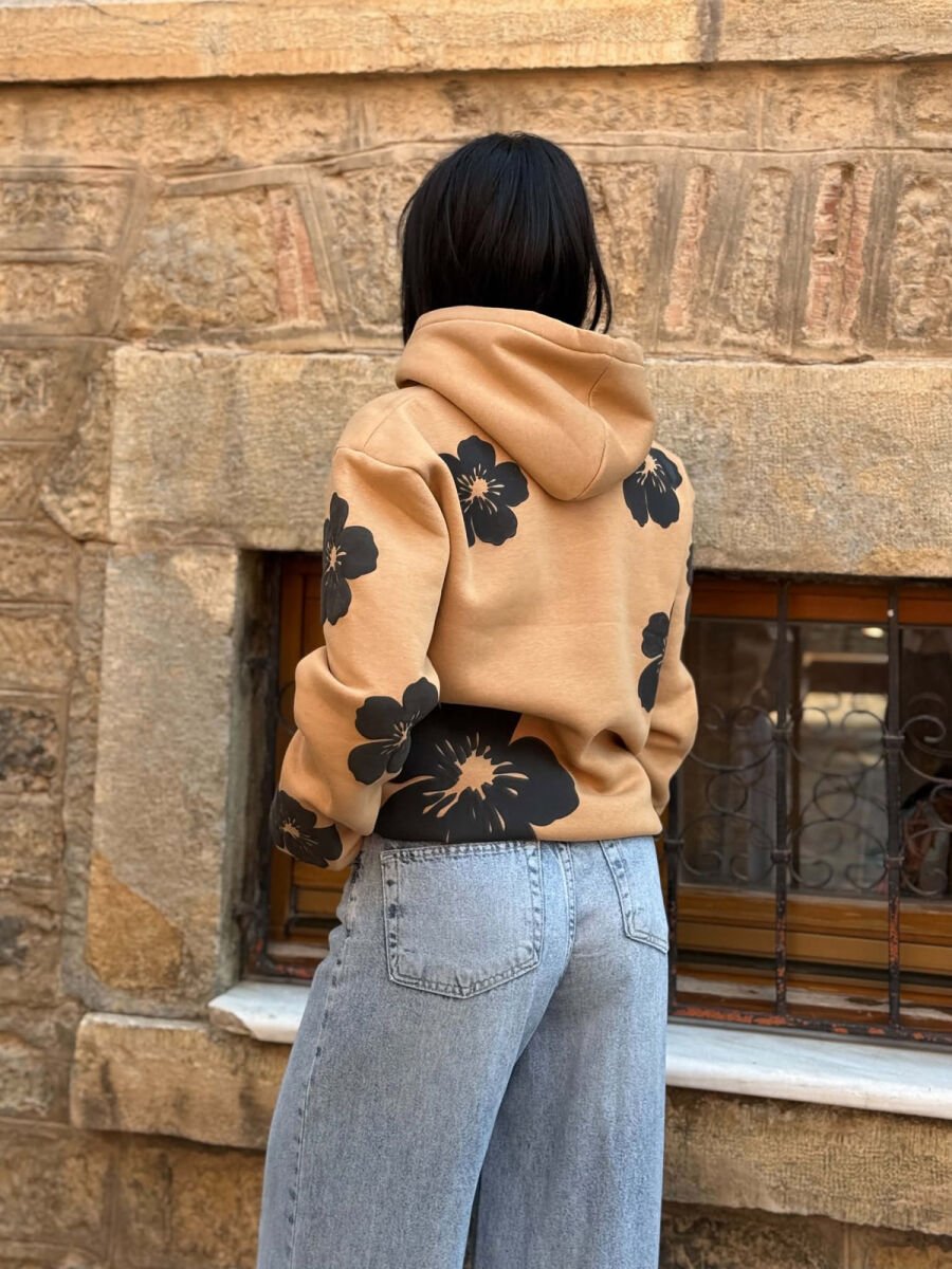 FLOWER DESIGN FLUFFY WOMAN HOODIE BEIGE/BEZHE - 5