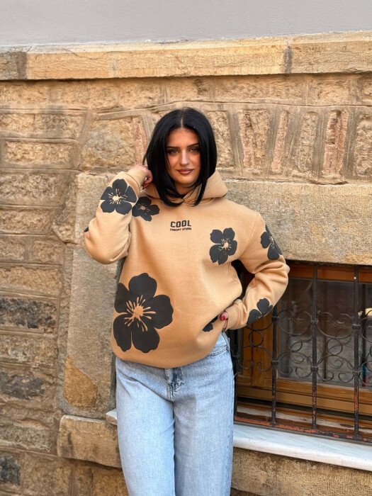 FLOWER DESIGN FLUFFY WOMAN HOODIE BEIGE/BEZHE - 6